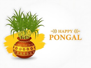Colorful pot with green plants and Happy Pongal text in yellow and orange