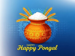 Colorful pot with rice and wheat celebrating Happy Pongal festival celebration