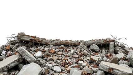 Rubble and bricks scattered on ground with metal wires debris destruction