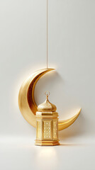 Islamic background, lantern, gold crescent moon on white. Design concept of Ramadan Kareem