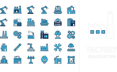Industrial factory and manufacturing icon set featuring robotic arms, conveyor belts, warehouse buildings, gears, and engineering equipment for automation and smart industry technology.