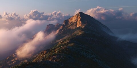 Fototapeta premium Majestic mountain peak rising above clouds at sunrise