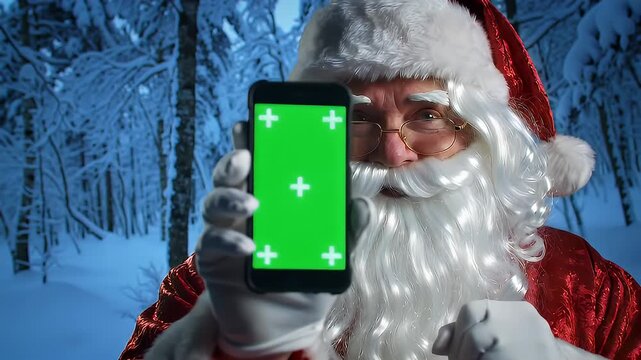 Santa Claus Holding Smartphone with Green Screen in Snowy Forest.