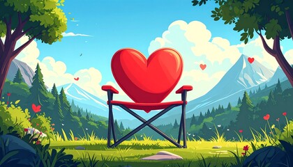 Romantic red heart bench in lush mountain meadow with floating love hearts and sunset glow