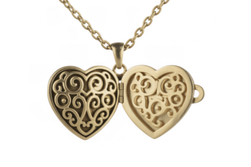 Gold heart shaped locket on chain necklace isolated on a transparent background