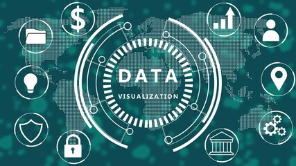 Interactive data visualization dashboard with global reach featuring for finance security and growth on a map backdrop Keywords: data visualization digital interface global network technology - Powered by Adobe