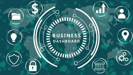 Business dashboard interface with global data insights showing finance security and growth on a map background Keywords: business dashboard digital interface global network technology abstract - Powered by Adobe