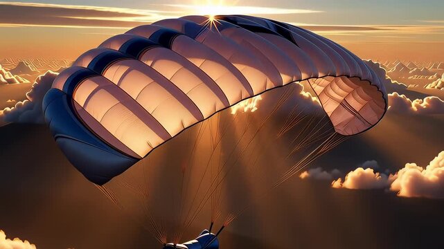 Cinematic white parachute gliding through golden sunset clouds and sun rays in a dramatic 3D animation, illustrating extreme sports and adventure concepts