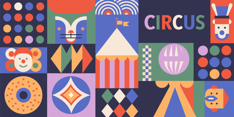a colorful illustration of various circus themed shapes and patterns
