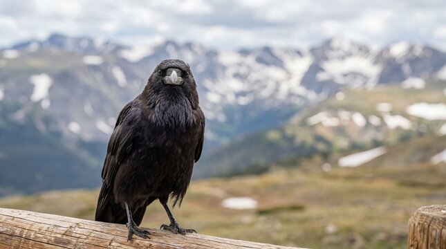 Black raven perched on wooden post overlooking snowy mountain peaks. Wild bird in alpine wilderness landscape. Nature wildlife photography capturing rugged outdoor scenery and avian habitat in rocky - Powered by Adobe
