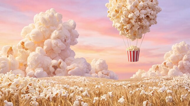 Surreal Fantasy Landscape with a Popcorn Hot Air Balloon Floating Over a Golden Field of Kernels