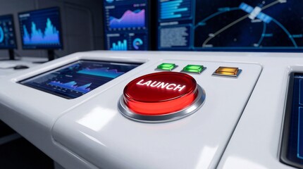 Closeup of red launch button on futuristic control panel. Multiple screens displaying graphs data and satellite imagery. Mission control room for space exploration and rocket launch technology