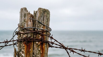 Closeup of weathered wooden fence post wrapped in rusty barbed wire. Coastal barrier against blurred ocean waves. Symbol of isolation decay and natural boundaries in seaside landscape.