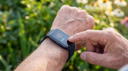 Closeup of senior mans hand touching smartwatch screen to check heart rate. Wearable fitness tracker in outdoor garden setting. Health monitoring and personal wellness technology concept.