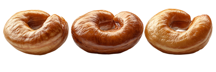 Three light beige doughnuts against transparent background