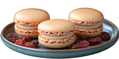 Three light beige macarons on teal plate