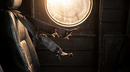 Close-up detail of frayed seatbelt on black leather seat in dimly lit cabin. Warm glowing light shines through round porthole window on metallic wall. Sci-fi spaceship interior for futuristic vehicle