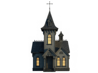 A charming gothic church with a cross isolated on transparent background stands tall