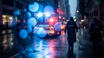 Emergency ambulance with flashing red and blue lights on rainy urban street at night. Nighttime rescue operation in bad weather. City emergency response and medical aid concept.