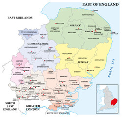 Administrative map of the English region of the East of England