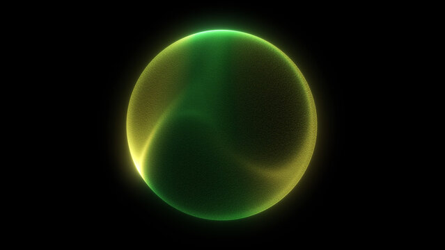 Glowing yellow green sphere neon wavy light green 3D ball bright eco energy orb round smooth glass surface dynamic plasma vortex black background futuristic sci fi abstract visual depth atmosphere