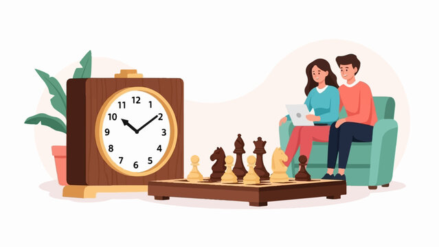 Couple on sofa with laptop and chess board next to clock