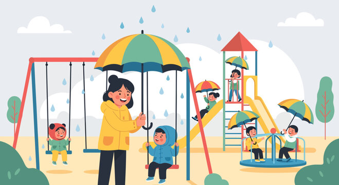Woman pushing children on swing set.