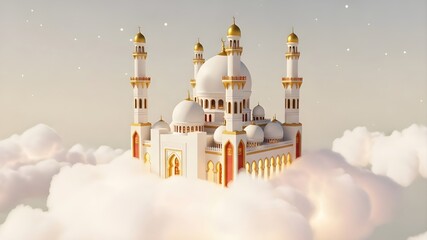 White Mosque Above Clouds: Grand masjid with golden domes and minarets floating in fluffy white clouds, soft pastel sky, heavenly spiritual architecture, ramadan concept