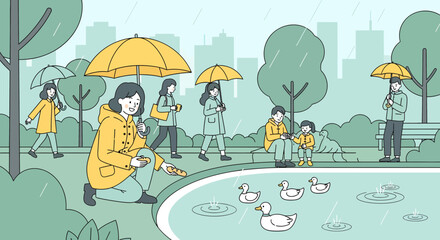 Fototapeta premium People Feeding Ducks in Park Rain.