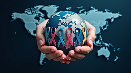 World cancer day February 4. Hand holding colorful awareness ribbons on world map. Healthcare and medical concept