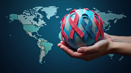 World cancer day February 4. Hand holding colorful awareness ribbons on world map. Healthcare and medical concept