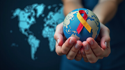 World cancer day February 4. Hand holding colorful awareness ribbons on world map. Healthcare and medical concept