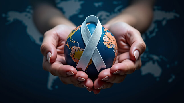 World cancer day February 4. Hand holding colorful awareness ribbons on world map. Healthcare and medical concept
