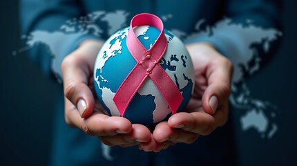 World cancer day February 4. Hand holding colorful awareness ribbons on world map. Healthcare and medical concept
