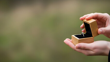 A suspenseful romantic gesture featuring a diamond engagement ring in an open oak box held against a soft natural background. Photo style.
