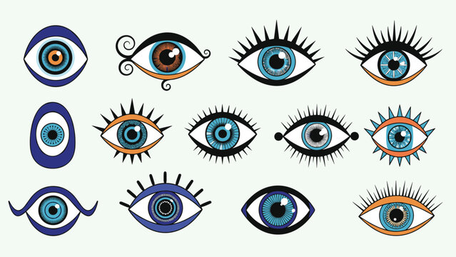 A collection of various hand-drawn evil eye or nazar amulet symbols, designed to protect against curses, in blue and orange.