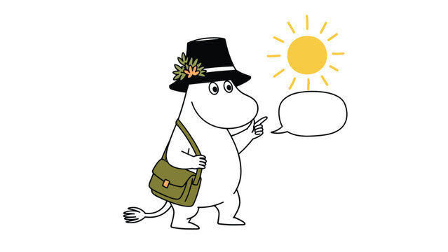Cute cartoon character wearing a top hat and carrying a satchel, pointing to the sun with a blank speech bubble for text.