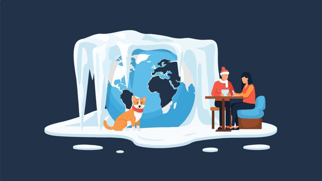 Couple and dog with globe encased in ice