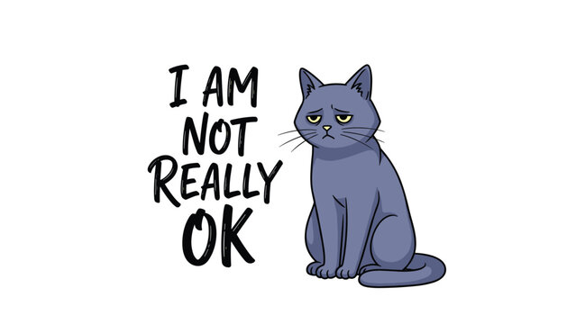 A sad grey cat with the handwritten text 'I am not really ok', illustrating feelings of depression and hidden sadness.