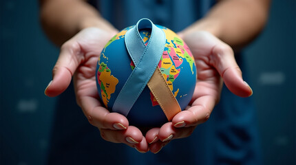 World cancer day February 4. Hand holding colorful awareness ribbons on world map. Healthcare and medical concept