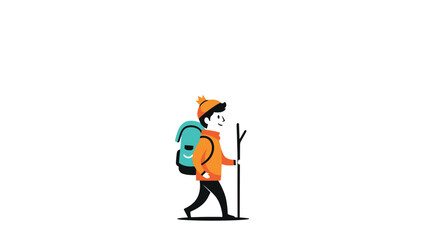 Fototapeta premium Smiling cartoon character with a backpack and walking stick hiking in nature, a simple and cheerful illustration of outdoor adventure.