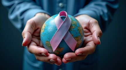 World cancer day February 4. Hand holding colorful awareness ribbons on world map. Healthcare and medical concept