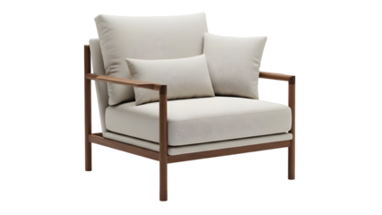 Modern armchair with white cushions isolated on transparent background