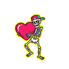 Whimsical Skeleton Embracing a Bright Pink Heart with Playful Style