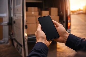 Delivery professional using smartphone for logistics management outdoors