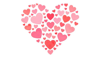 A large heart shape made of smaller pink and red hearts on transparent background