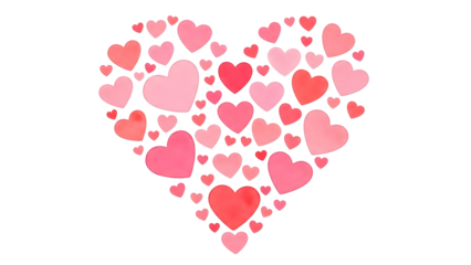 A large heart shape made of smaller pink and red hearts on transparent background