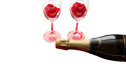 Champagne bottle pouring into wine glasses with roses on transparent background