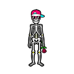 Fototapeta premium Stylish skeleton wearing a pink cap and holding a red rose for modern fashion