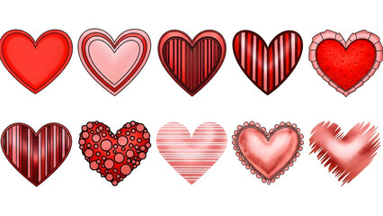 Collection of creatively designed red hearts with unique textures on transparent background